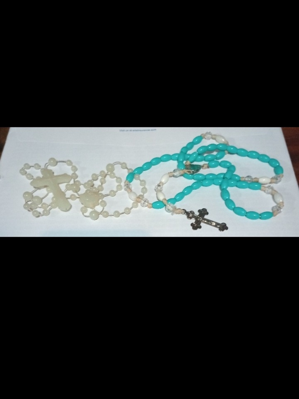 Turquoise and White Beaded Rosary Necklace - Religious Cross Pendant